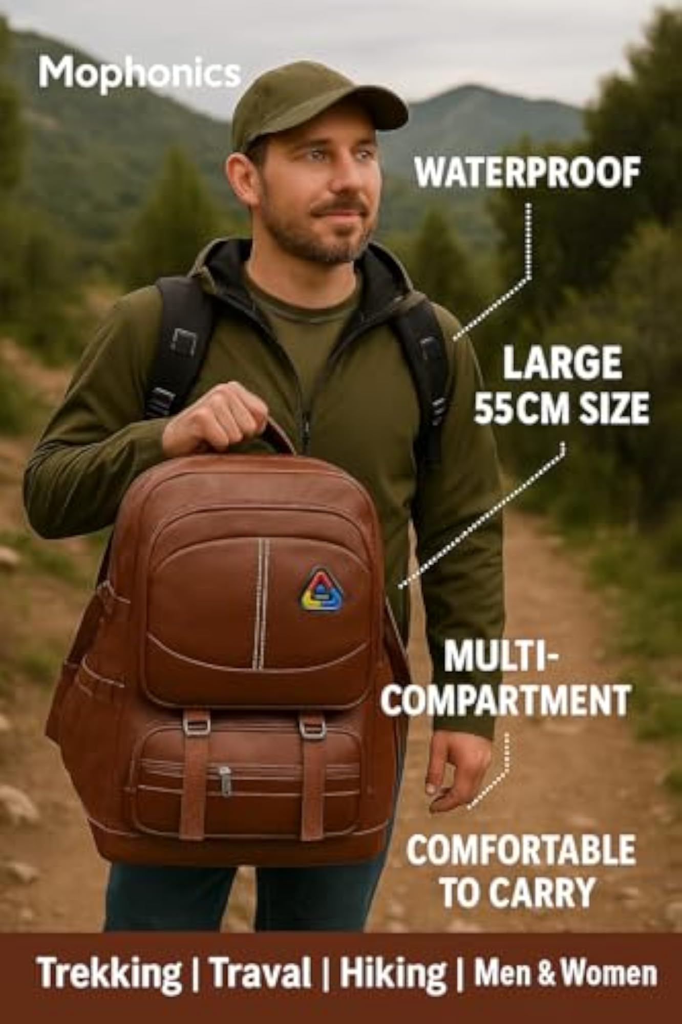 Mophonics Stylish PU Leather Backpack, Large Capacity Travel Bag